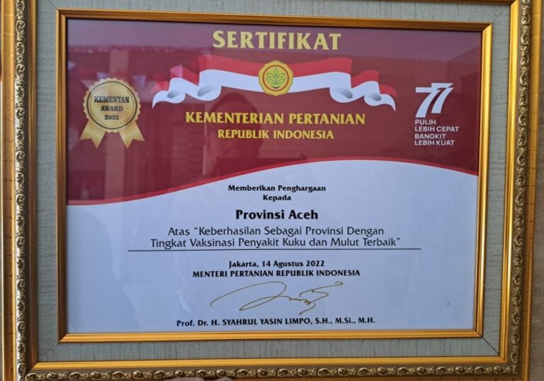 Raih Predikat Terbaik Vaksinasi PMK, Provinsi Aceh Dapat Award dari Kementan RI Agustus 23, 2022