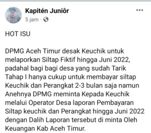 Beredar Kabar, DPMG Aceh Timur Diduga Desak Keuchik Laporkan Siltap Fiktif September 7, 2022