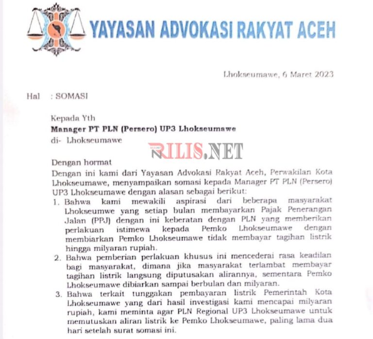 YARA Somasi PLN, Minta Putuskan Listrik Pemko Lhokseumawe Maret 6, 2023
