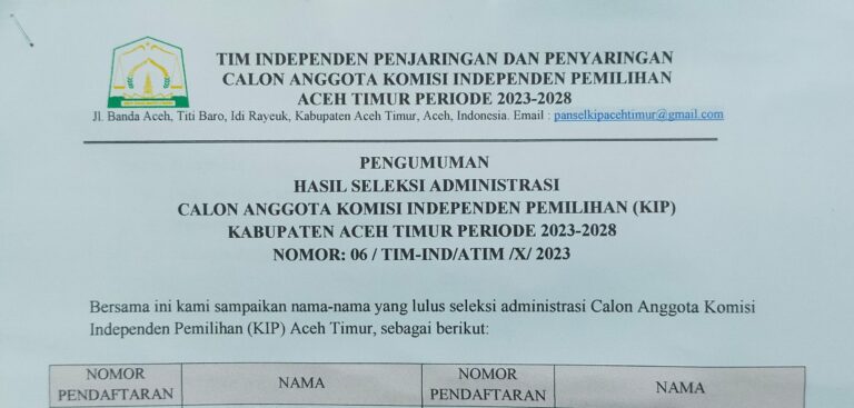 67 Peserta Lulus Seleksi Administrasi Calon KIP Aceh Timur, Berikut Nama-namanya Oktober 10, 2023