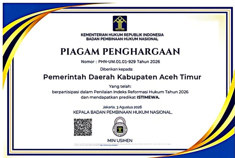 Aceh Timur Raih Penghargaan Predikat AA Indeks Reformasi Hukum Aceh Timur Raih Penghargaan Predikat AA Indeks Reformasi Hukum Agustus 20, 2026